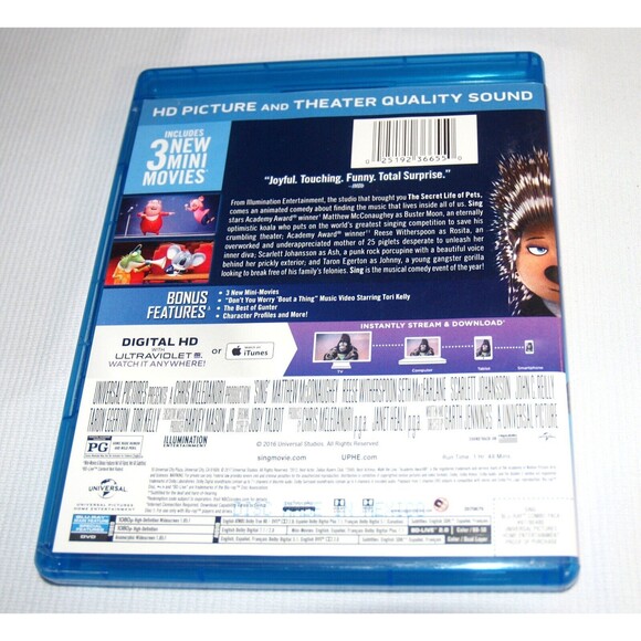 Sing Special Edition Blu Ray by Illumination includes 3 mini movies & bonuses - Picture 2 of 3